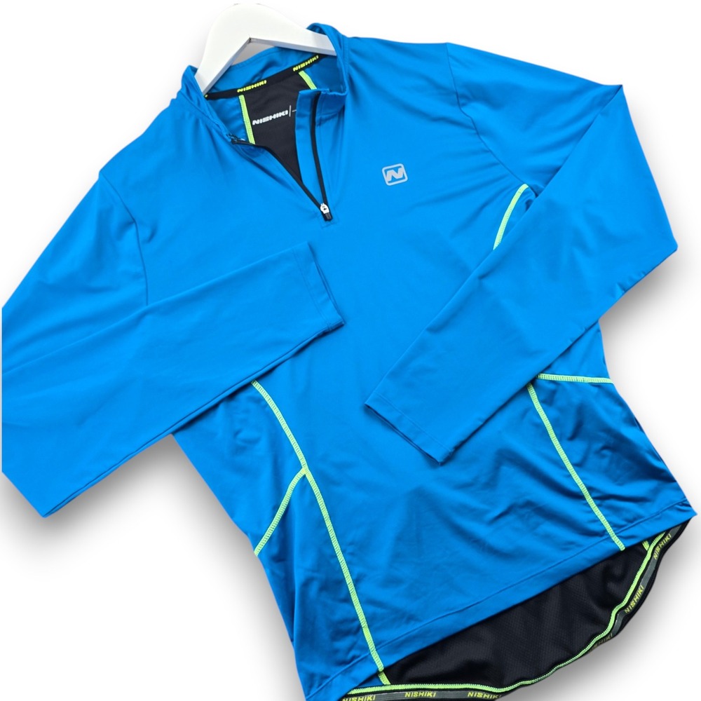 Nishiki Mens Cycling Jersey Size Large Blue Long Sleeve Polyester Spandex Zip
